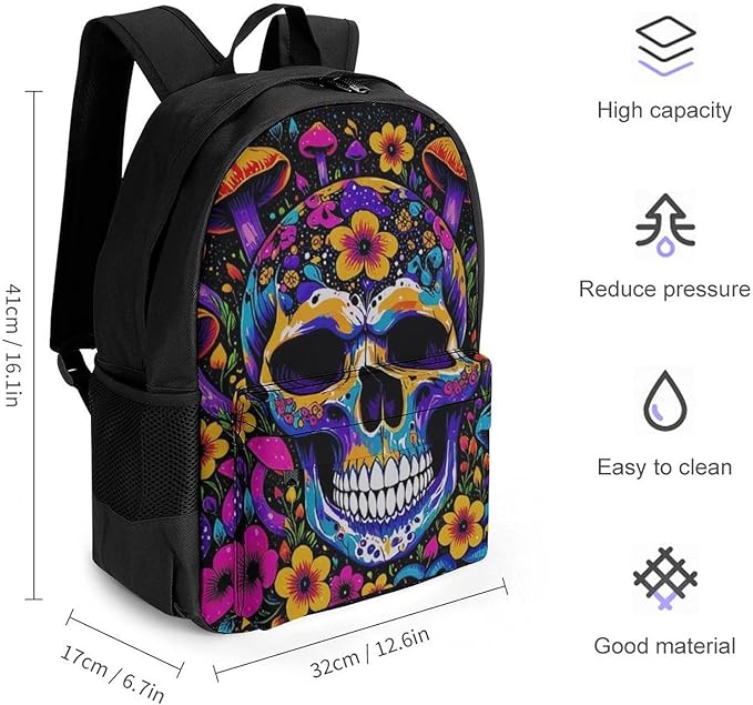 Lightweight Daypack Backpack for Trekking Work Running, Big Capacity Multipurpose Anti-Theft Bookbag, Trippy Skull Head Mushroom Art Business Computer Bag
