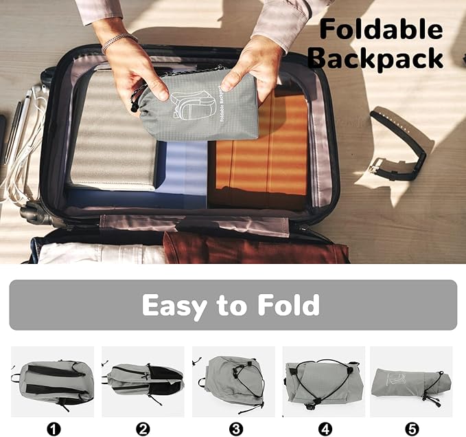 Foldable Ultralight Hiking Backpack for Men Women, Small Lightweight Packable Travel Backpack, 15L Waterproof Collapsible Nylon Daypack for Travel Hiking Outdoor, Gray