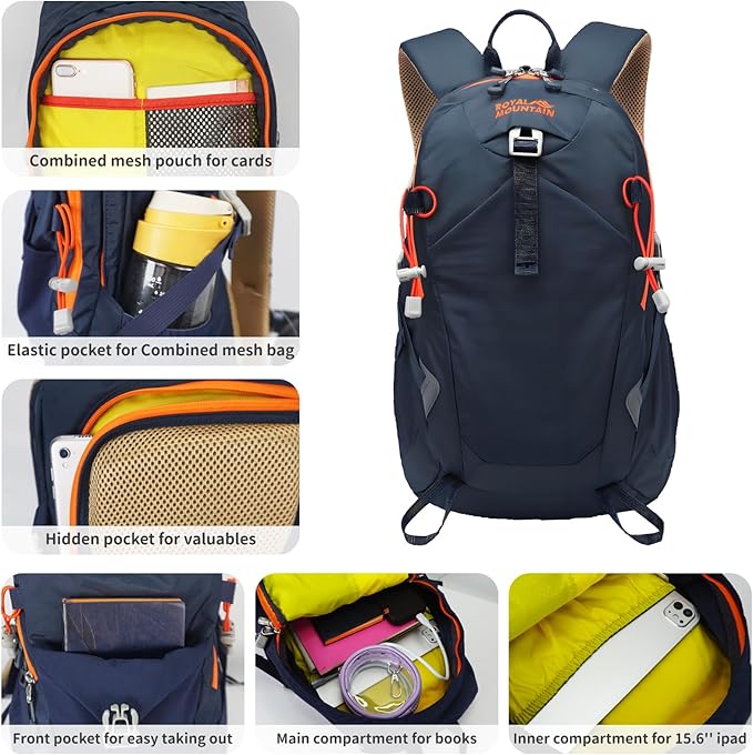 20L Lightweight Hiking Backpack With Rain-cover, Daypack Waterproof Travel Camping Backpacks for Men Women, Outdoor Sports Daypack For Camping, Daily Commuting, Short Trips (Navy Blue)