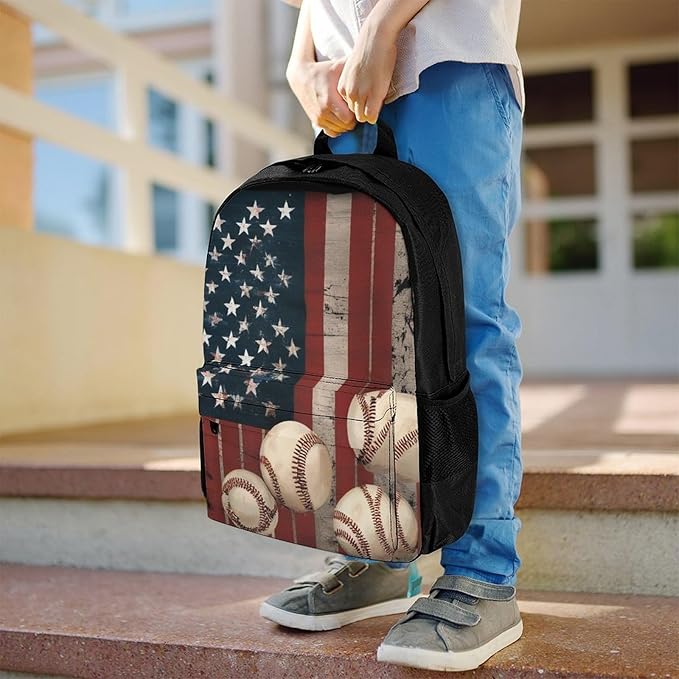 Supdreamc Adults Lightweight Vintage Patriotic Usa American Flag Baseball Print Rucksacks Large Capacity Bookbag With Adjustable Shoulder Straps for Trekking Outdoors Bicycle