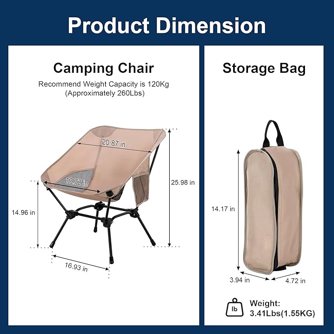 Camping Chair Portable Lightweight Camping Chairs for Adults Foldable 600D Oxford Ultralight Backpacking Chair with Breathable Mesh and Pocket for Outdoor Travel Hiking,Beige