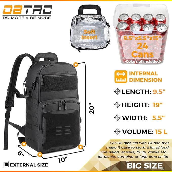 DBTAC Tactical Lunch Backpack, Large Lunch Cooler for Men Women | Backpack Coolers insulated for Work Picnic Travel (Charcoal Camo, 24-Cans)
