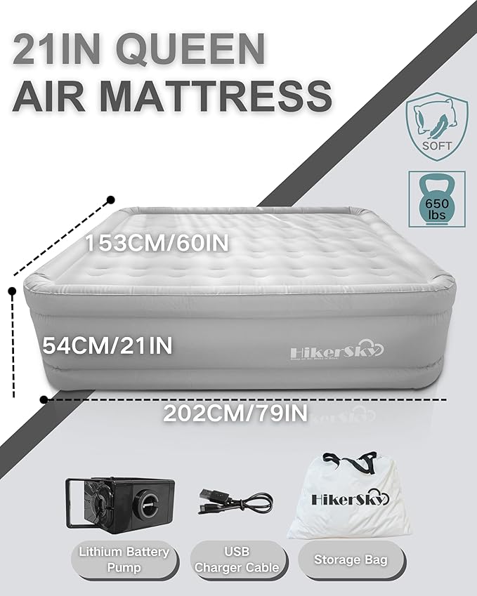 Air Mattress Queen with Built in Wireless Battery Pump, Blow Up Inflatable Mattress for Camping,Guest Air Bed, All Fabric, 21'' Grey Queen