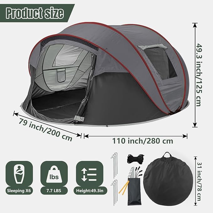 Instant Pop Up Camping Tent, 4-6 Person Tents,Automatic Set Up Tent in 3 Seconds,Waterproof Sunshade Family Tent,Portable Lightweight Dome Tent for Outdoor Camping,Hiking,Travel & Beach