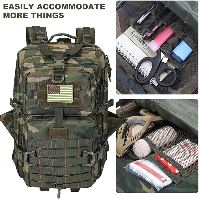 45L MOLLE Assault Backpack, Tactical Backpack Military Army Camping Rucksack with Bottle Holder, 3-Day Pack Trip w/USA Flag Patch, D-Rings, US Woodland