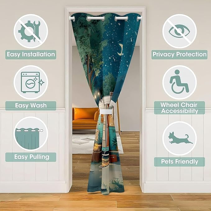 Happy Camping Doorway Curtains Privacy Vintage RV Camper Cabin Room Decor Blackout Curtain Rustic Watercolor Mountain Tree Closet Door Curtain Retro Camping Aesthetic Room Divider Drape 52"W x 84"L