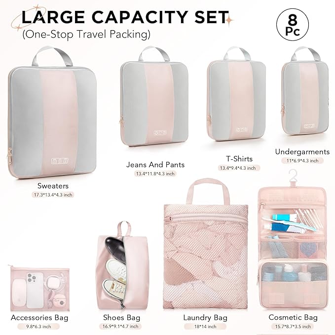 8 Set Compression Packing Cubes for Travel Essentials(Cream)