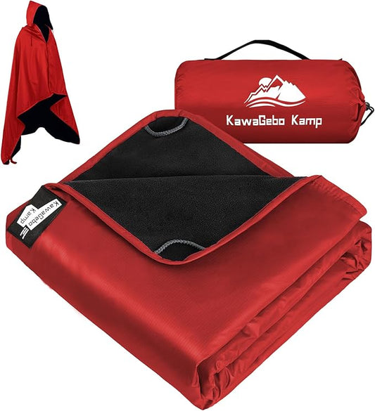Fleece Waterproof Outdoor Blanket - Windproof Stadium Blanket for Camping, Picnics, and Sports Stay Dry and Comfortable 80"x 58"(Hoodeed, Red)