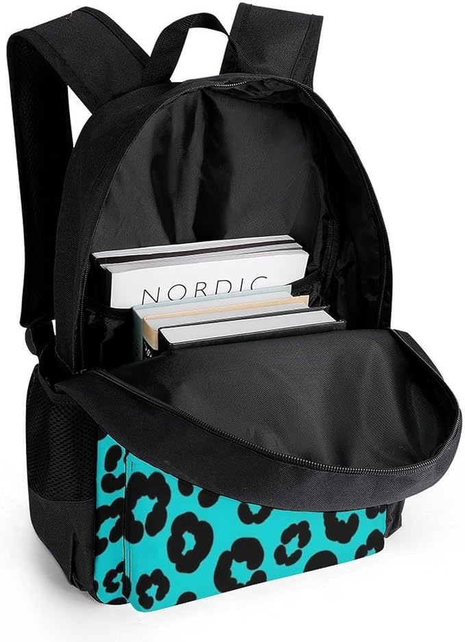 Shoulder Book Bags Anti-Theft Multipurpose Big Capacity Bookbag, Turquoise Green Cheetah Leopard Print Travel Hiking Backpack With Smooth Zippers