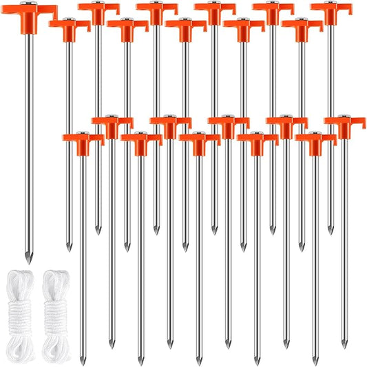 20 Pack Tent Stakes,10 Inch Heavy Duty Metal Tent Pegs,Tent Pegs Camping Stakes,Non-Rust Ground Stakes Tent Spikes for Outdoor Camping Garden,with 2 Pcs 10FT Ropes(Orange)