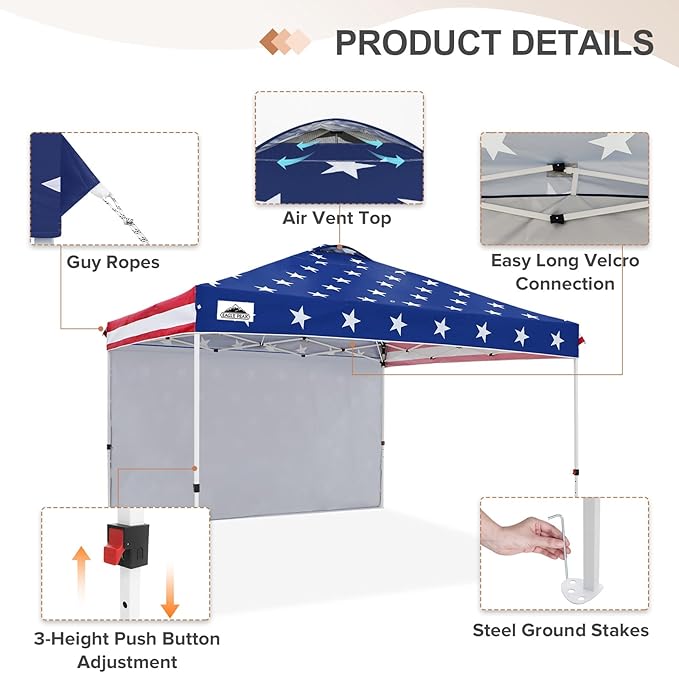 EAGLE PEAK Pop Up Canopy Tent with 1 Sidewall, Easy Setup Event Tent, Outdoor Sun Shade, Wheeled Carry Bag, Stakes and Guy Ropes, Instant Canopy 12x12, American Flag