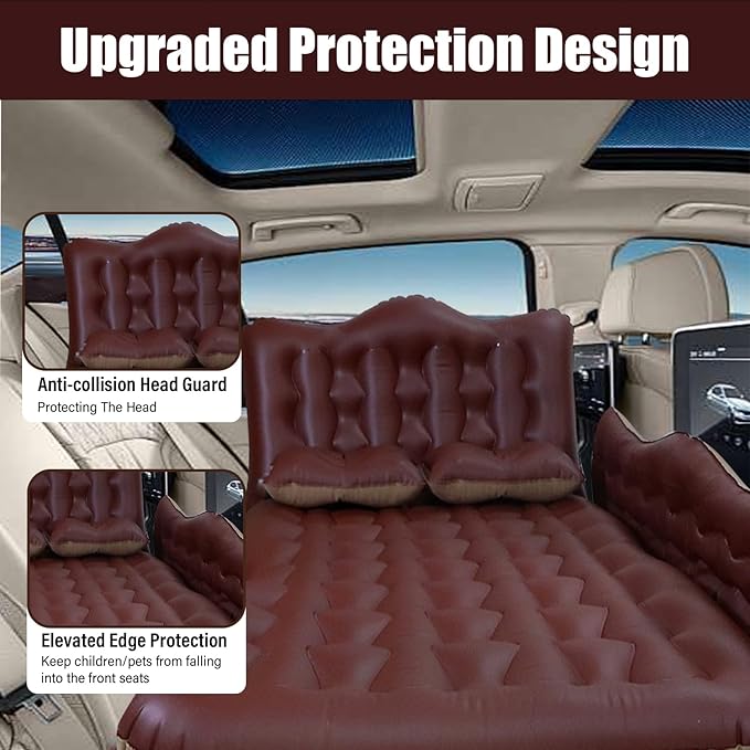 Car Air Mattress for SUV & Camping – Inflatable Backseat Mattress Bed with 2 Pillows Thickened Portable Sleeping Pad for Travel, Home, Trucks, RV – Soft Flocking + PVC Surface (Brown)