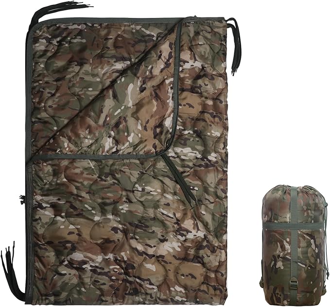 Camo Poncho Liner, Army Blanket, Military Sleeping Bag, with A Compression Carrying Bag, for Traveling, Hiking, Camping, Outdoor Survival, Car Blanket