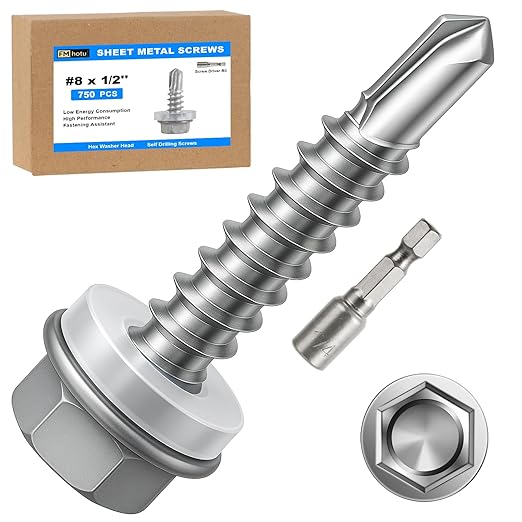 750Pcs Self Tapping Screws, Sheet Metal Screws #8x1/2, Self Drilling Screws for Metal with Hex Washer Head