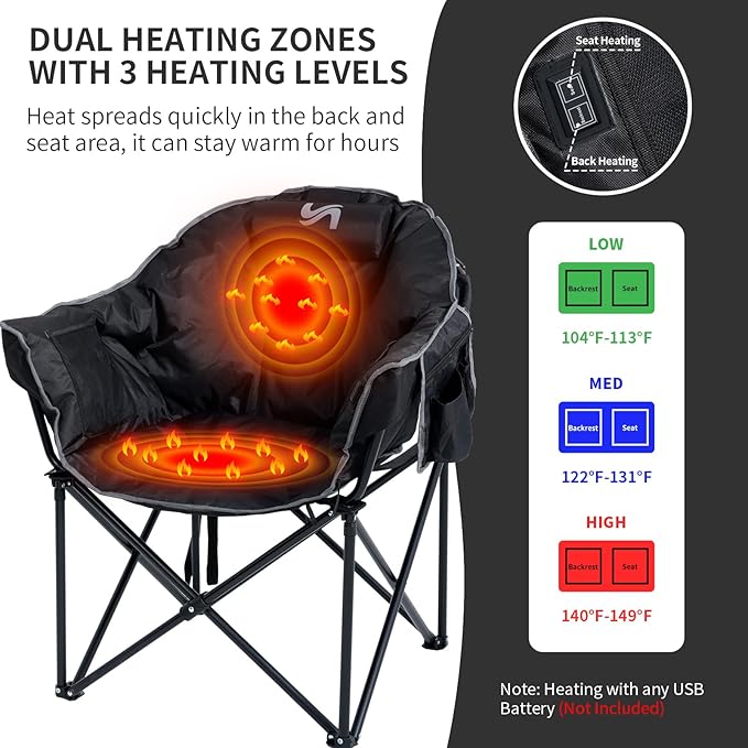 2 Pack Oversized Heated Camping Chair, 3 Heating Levels Soft Padded Camp Chairs with Pillow and Storage Bag, Portable Folding Outdoor Heated Moon Chair for Lawn Patio Beach and Picnics, Black