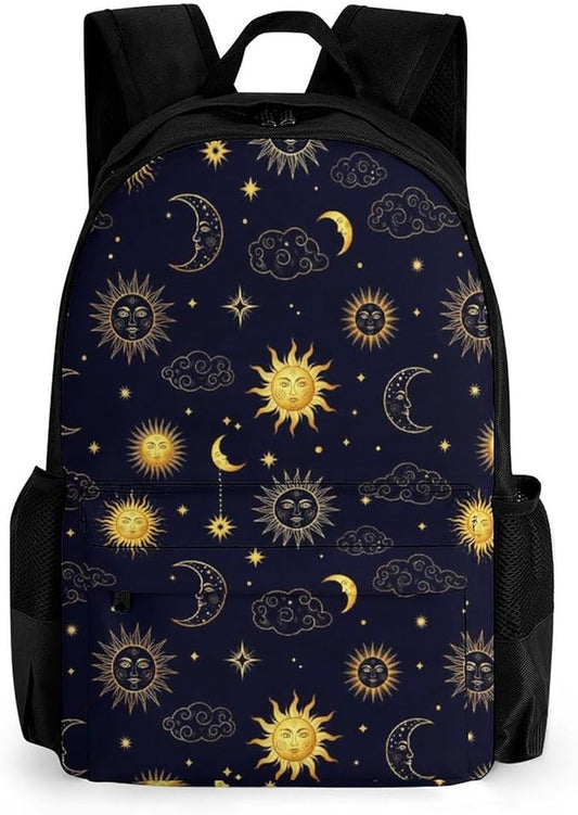 Supdreamc Men Women Lightweight Sun Moon Boho Astrology Backpack Large Capacity Bookbag With Smooth Zippers for Gym Business Running
