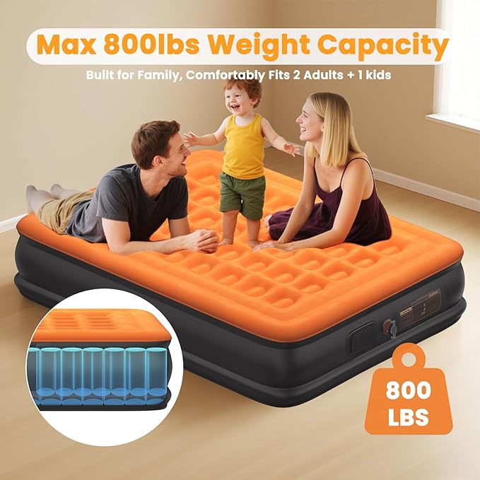 Queen Air Mattress with Built in USB Rechargeable Pump, Portable Blow Up Mattress, 16" Inflatable Mattress with Waterproof Flocking Fabric, Camping Mattress for Home, Travel, Guest, 800 lbs Max