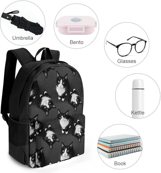 Daypack Backpack Anti-Theft Multipurpose Large Capacity Carry On Bag, Black White Cat Traveling Camping Backpack With Side Pockets