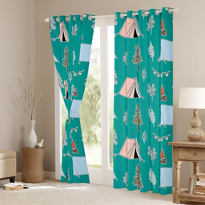 Feelyou Green Camping Camper Curtains for Bedroom Living Room Happy Camping Blackout Shades Campfire Tent Room Darkening Curtain Window Treatments, 2 Panels 52 x 84 Inch Decor