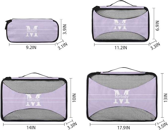 Custom Packing Cubes with Name - 4 Piece Light Purple Packing Cubes Compression Luggage Suitcase Organizer Set with Initial Letter