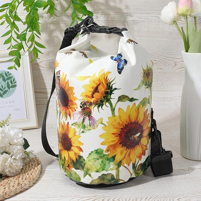 Floating Waterproof Dry Bag Backpack 5L Lightweight Sunflower Butterfly Pattern PVC Roll Top Dry Sack for Kayaking Boating Camping Fishing Swimming Beach Rafting Hiking Outdoor Activities