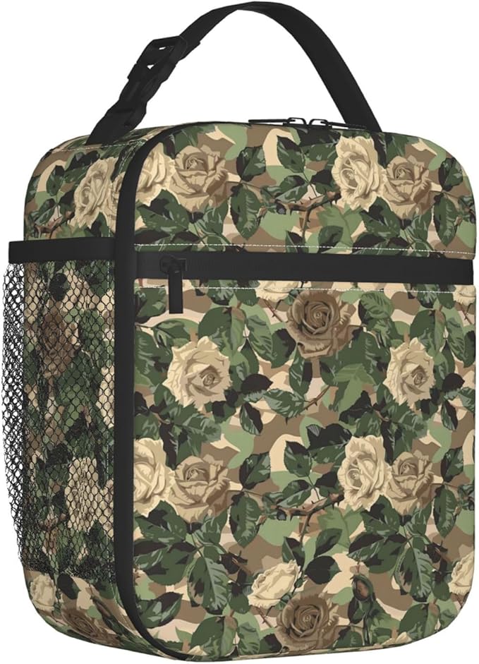 Reusable Camo Lunch Box for Kids Girls Boys Women Adult, Insulated Rose Floral Lunch Bag,Polyester Cooler Flower Handbags Case for School Picnic Work Travel Beach or Hiking (Nature-Inspired)