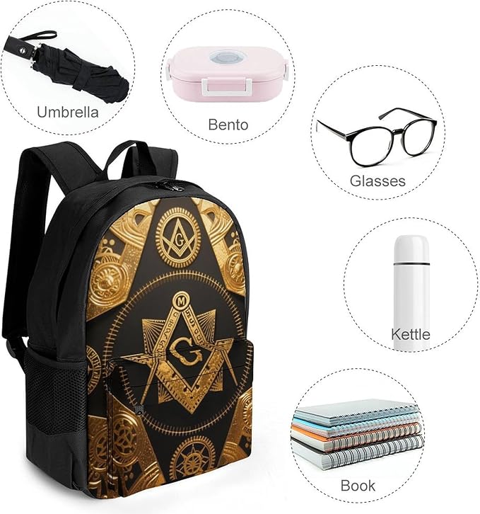 Rucksack Anti-Theft Multipurpose Big Capacity Carry On Bag, Gold Freemason Freemasonry Masonic Art Traveling Camping Backpack With Side Pockets