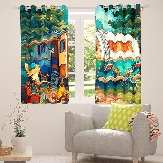 Camper RV Trailer Blackout Curtains,Tent Bonfire Campfire Pine Tree Nature Blackout Curtains,Rustic Farmhouse Cabin Boys Girls Room Decor,Watercolor 2 Panels,52Wx84L inch