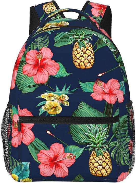 Daypack Polyester Anti-Theft Multipurpose Hawaiian Flower Party Pineapple Art Bookbag Big Capacity Gym Outdoor Hiking Backpack With Adjustable Shoulder Straps