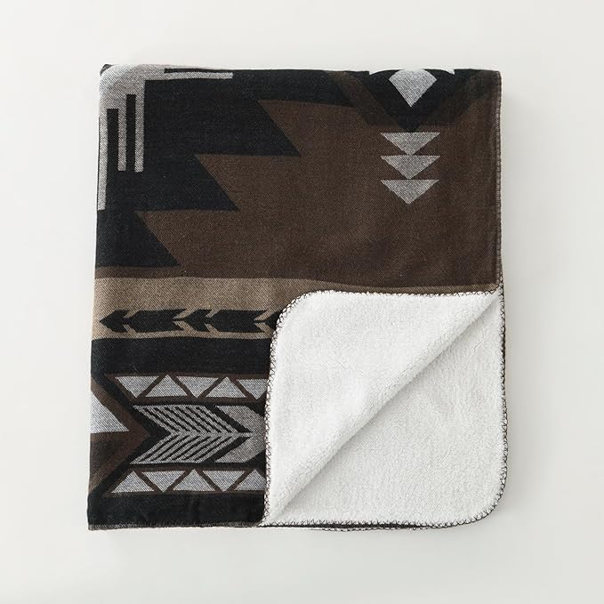 Aztec Patterned Throw Blanket with Soft Sherpa Lining, Traditional Southwestern Navajo with Cross Pattern Warm Throw for Camping, Outdoor, Light Weight Cozy Boho Blanket for Couch, Bed, 50”x60”, Brown