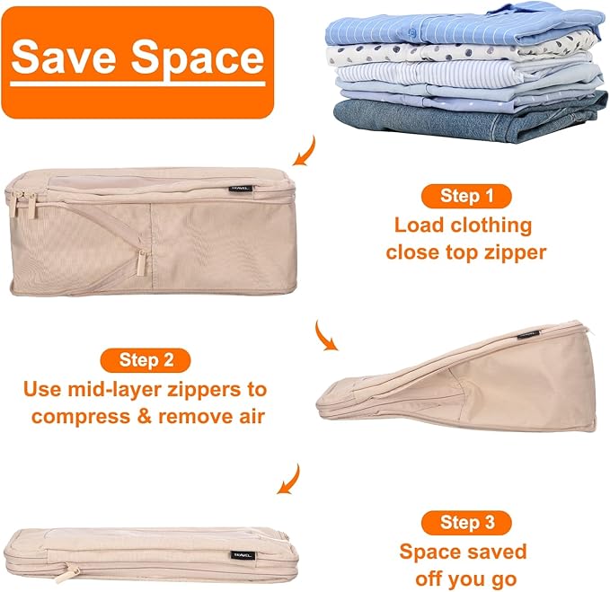 HARFINGTON Compression Packing Cube for Suitcases 18x12x13cm Lightweight Luggage Organizers Bag Travel Essentials Compression Bags for Carry on Suitcases, Beige