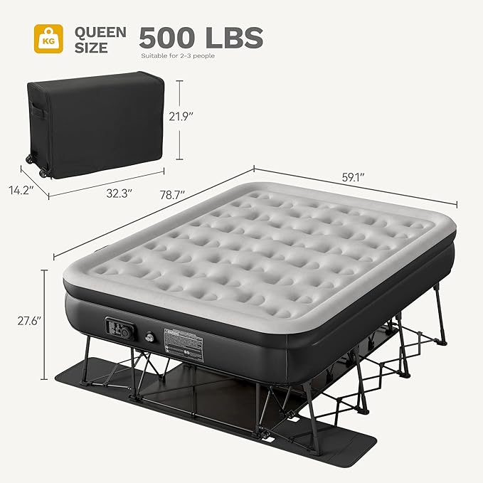 DWVO Inflatable Queen Air Bed with Folding Frame & Rolling Bag, Built-in Pump Blow Up Mattress for Camping, Guest Room & Travel, Portable Air Mattress with Case, 79 x 59 x 28 Inches, Black