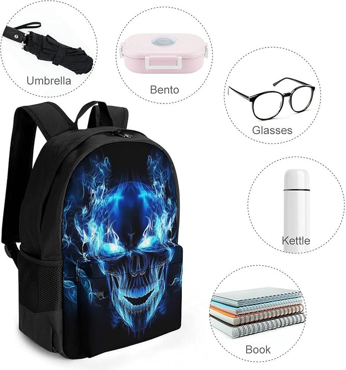 Lightweight Daypack for Camping Business Walking Cycling, Large Capacity Anti-Theft Multipurpose Bookbag, Blue Fire Flame Skull Gym Outdoor Hiking Backpack