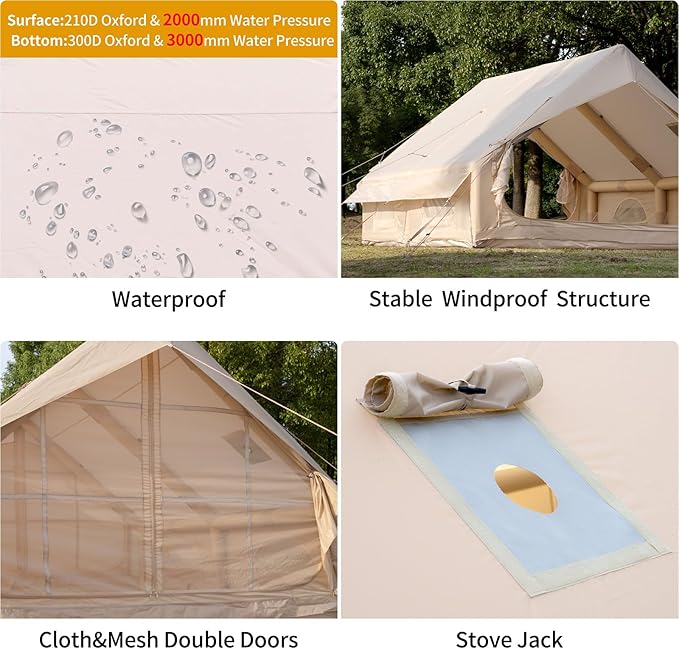 Inflatable Camping Tent with Hand Pump Waterproof Outdoor Blow up Tent 2-8 Person Oxford 4 Season Glamping Air Tent Cabin House with Mesh Windows & Door