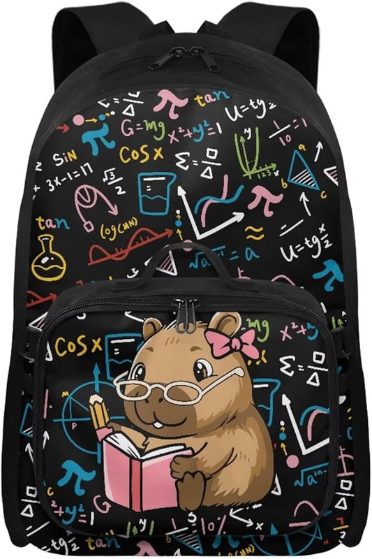 HUGS IDEA Math Capybara Backpack with Lunchbox School Bookbag with Lunch Tote for Kids Large Capacity Elementary School Bag 17 Inch Book Bag for Girls Polyester Children Back Pack
