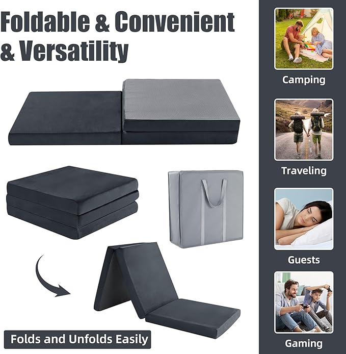 HOMBYS Tri Folding Memory Foam Camping Mattress for Outdoor Sleeping, Portable Waterproof Camping Pad Mat for Travel Truck Bed Tent