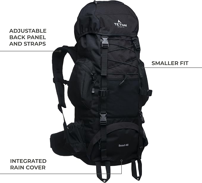 Teton 45L Scout Internal Frame Backpack for Hiking, Camping, Backpacking, Rain Cover Included, Bluejay