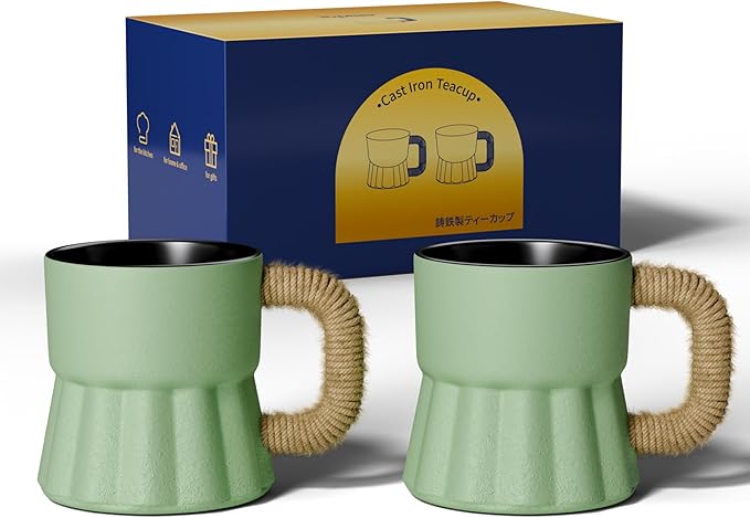 toptier 4 oz Tea Cups, Espresso Cups Set of 2, Mini Beer Mugs, Cast Iron Teacup for Tea, Coffee, Beer, Light Green