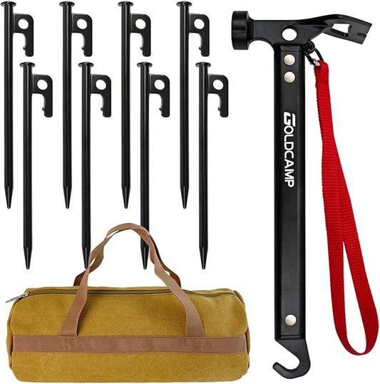 GOLDCAMP 8 Pack Heavy Duty Tent Stakes and Hammer with Canvas Storage Bag, 8in Duty Metal Tent pegs Ground Anchor for Camping、Outdoor、Hiking（Durable Combination）