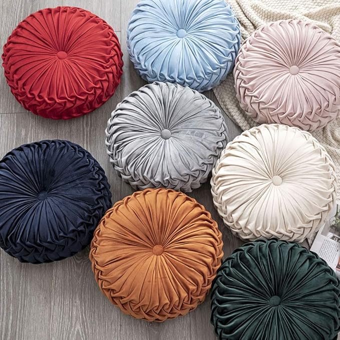 Round Throw Pillow Velvet Home Decoration Pleated Round Pillow Cushion for Couch Chair Bed Car Beige