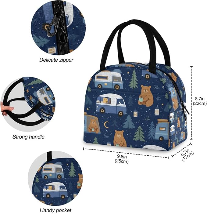 Kcldeci Kids Lunch Bag Insulated Lunch Box for Boys Girls Cute Camper Bear Reusable Toddler Leak-proof Lunchbox for School and Daycare