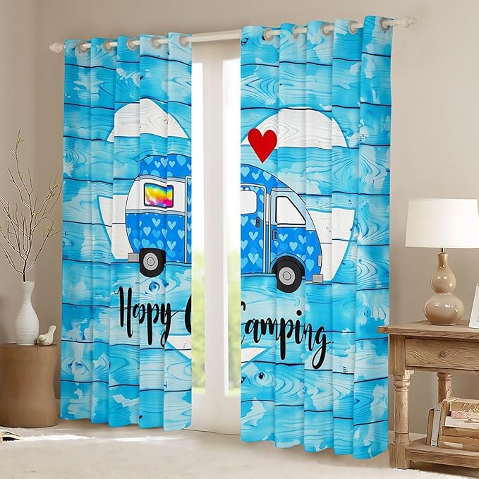 Erosebridal Cartoon Camper Rv Blackout Curtains for Bedroom Living Room Happy Camping Window Curtains 2 Panels 42"Wx63"L Vintage Wooden Drapes,Camper Decorations For Travel Trailers Window Treatments