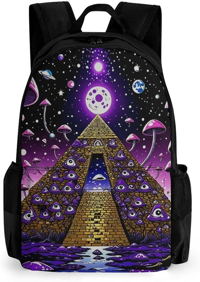 Shoulder Book Bags Polyester Multipurpose Anti-Theft Psychedelic Egyptian Pyramid Eye Mushroom Art Carry On Bag Large Capacity Travel Hiking Camping Rucksack