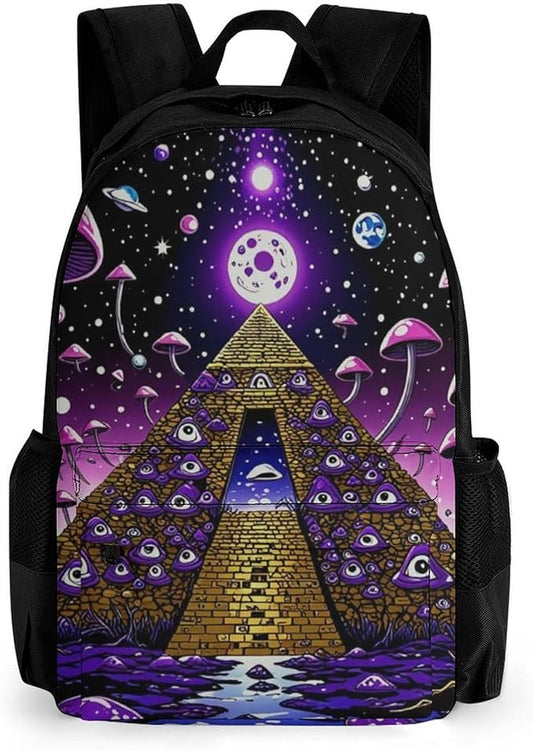 Shoulder Book Bags Polyester Multipurpose Anti-Theft Psychedelic Egyptian Pyramid Eye Mushroom Art Carry On Bag Large Capacity Travel Hiking Camping Rucksack