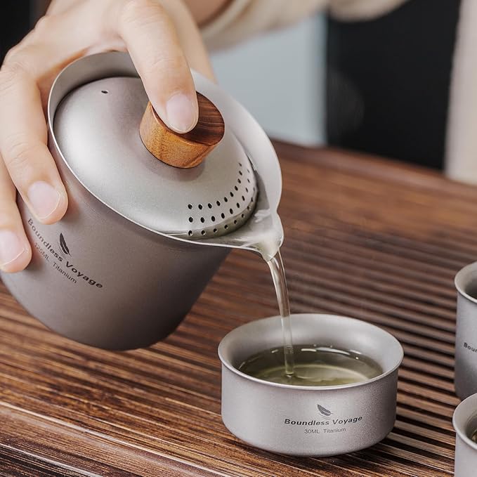 Boundless Voyage Titanium Teacup Double-Layer Tea Maker Outdoor Teapot Camping Mug Set Leightweight Drinking Cup for Backpacking Picnic Travel (Ti3145D-125ml)