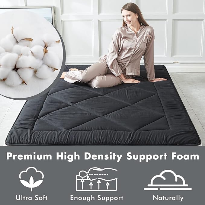 Japanese Foldable & Portable Roll up Camping Mattress, Futon Mattress, Black Twin