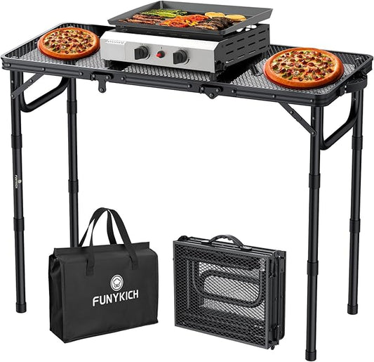 FUNYKICH 3ft Folding Grill Table for Outside 34.2''x15.7'', 3 Height Adjustable Portable Camping Tables, Lightweight Metal Aluminum Outdoor Table with Carry Handle for Camping, Picnic, BBQ, Black