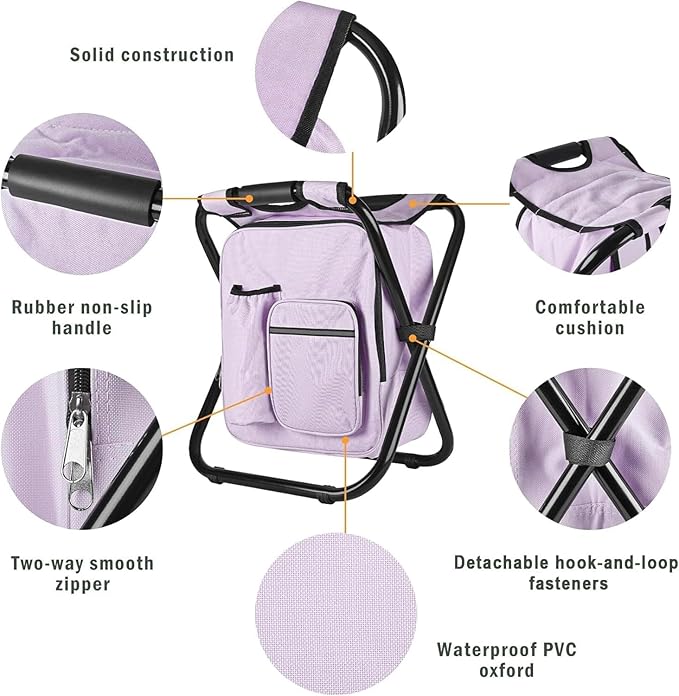 Kikerike Backpack Stool Cooler Chair Heavy Duty 300 LBS Max Load Portable Lightweight Stool Backpack Folding Fishing Cooler Seat for Camping Hunting Fishing - Pale Amethyst