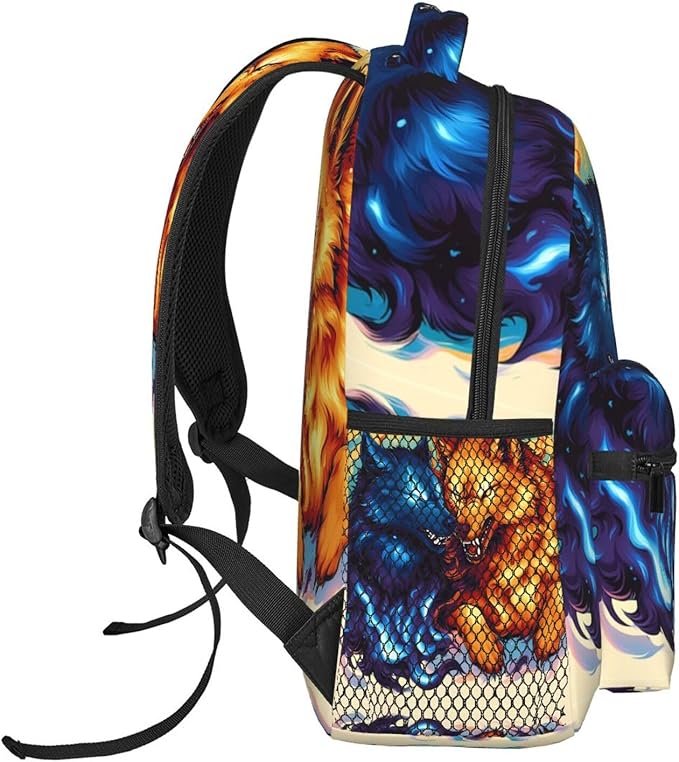 Rucksack Anti-Theft Multipurpose Large Capacity Carry On Bag, Ice And Fire Flaming Cool Wolf Art Travel Hiking Bag Day Pack With Side Pockets