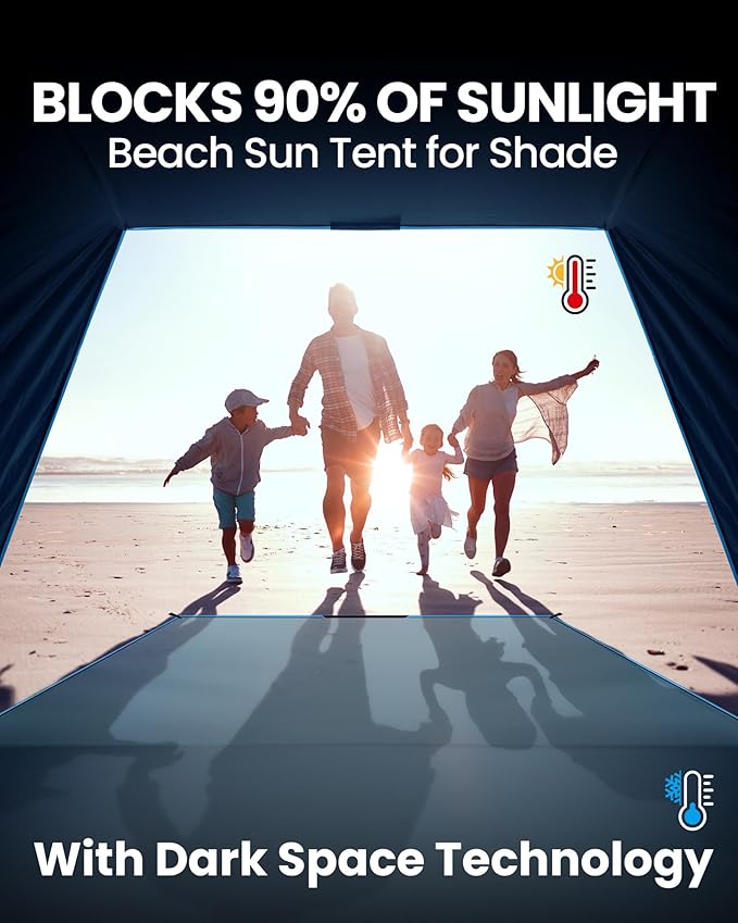OutdoorMaster Beach Tent with Blackout Shelter Technology, Portable Sun Shade Shelter 4 Person, Pop Up Beach Tents with UPF 50+ UV Protection, 9.5mm Thick Pole, 3 Ventilating Mesh Windows